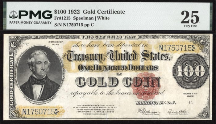 1922 $100 Gold Certificate OBVERSE Image
