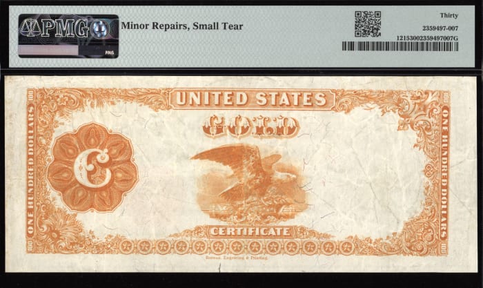 1922 $100 Gold Certificate Reverse Image