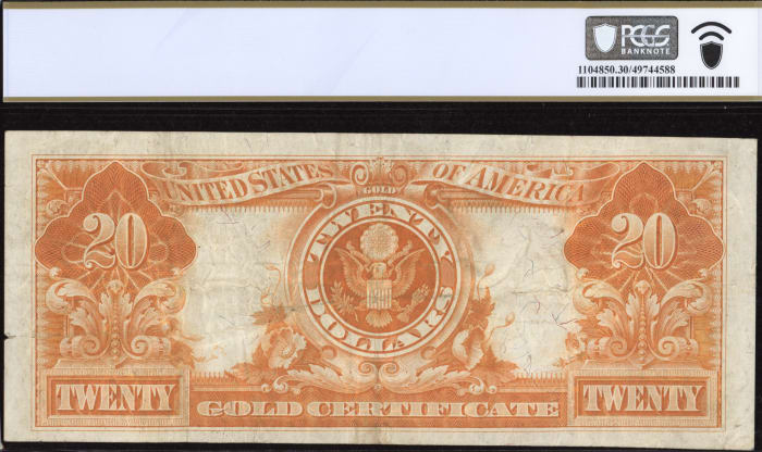 1922 $20 Gold Certificate REVERSE Image