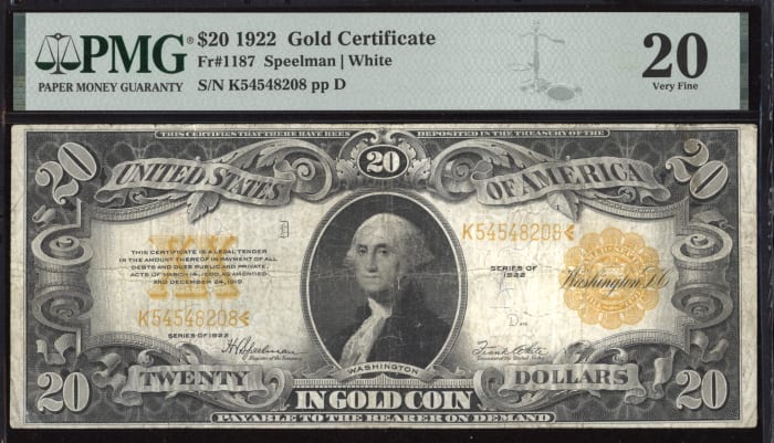 1922 $20 Gold Certificate Obverse Image