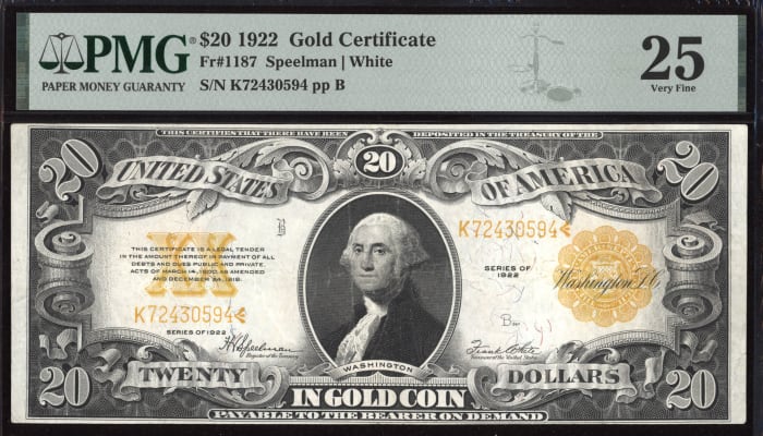 1922 $20 Gold Certificate Obverse Image