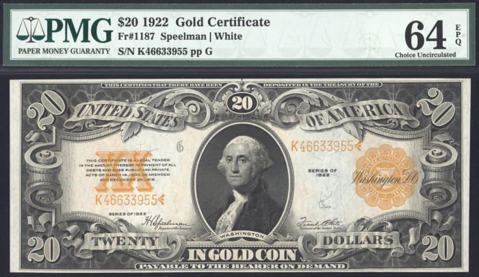 1922 $20 Gold Certificate OBVERSE Image