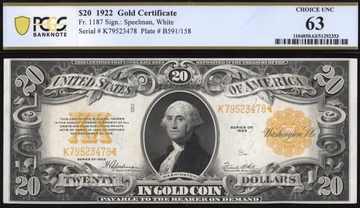 1922 $20 Gold Certificate Obverse Image
