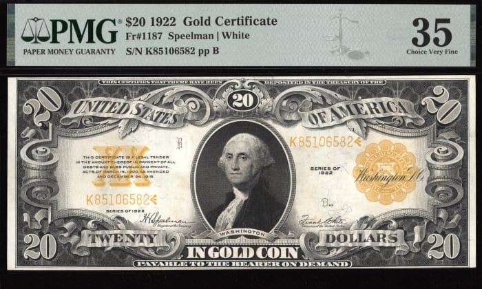 1922 $20 Gold Certificate Obverse Image