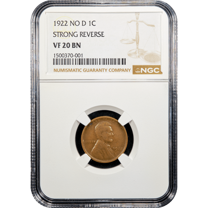1922 No D Lincoln Cent (1c) Strong Reverse Obverse Slab Image