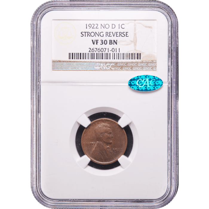 1922 No D Lincoln Cent (1c) Strong Reverse SLAB Image