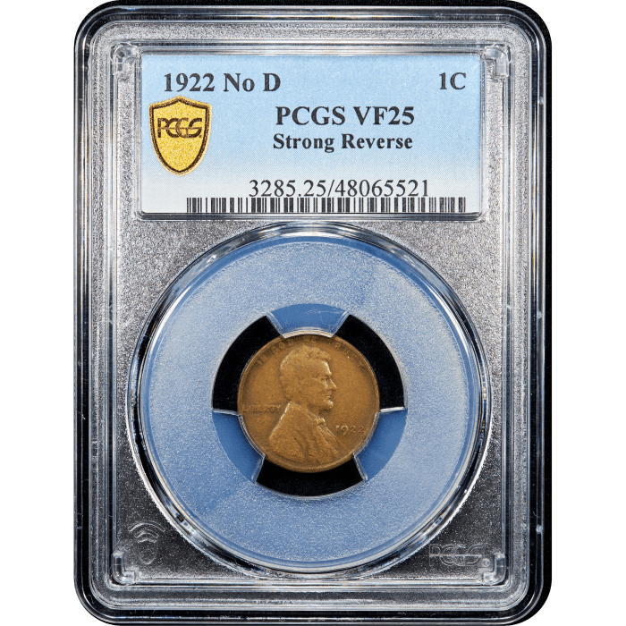 1922 No D Lincoln Cent (1c) Strong Reverse  Obverse Slab Image