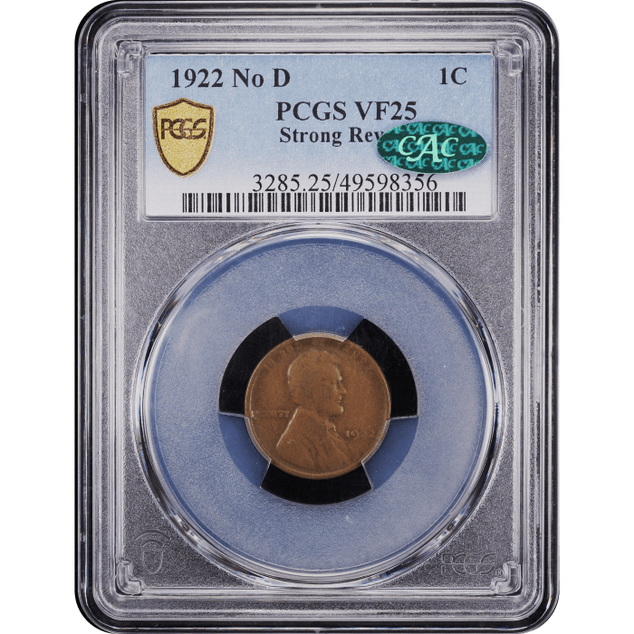 1922 No D Lincoln Cent (1c) Strong Reverse SLAB Image