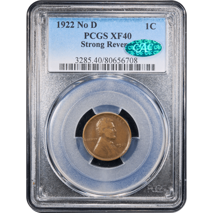 1922 No D Lincoln Cent (1c) Strong Reverse Obverse Slab Image