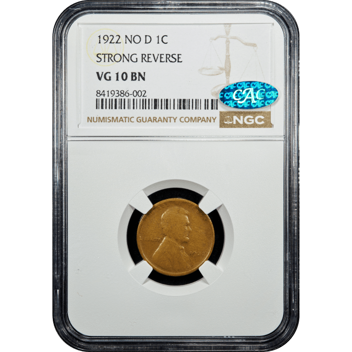 1922 No D Strong Reverse Lincoln Cent (1c) Obverse Slab Image