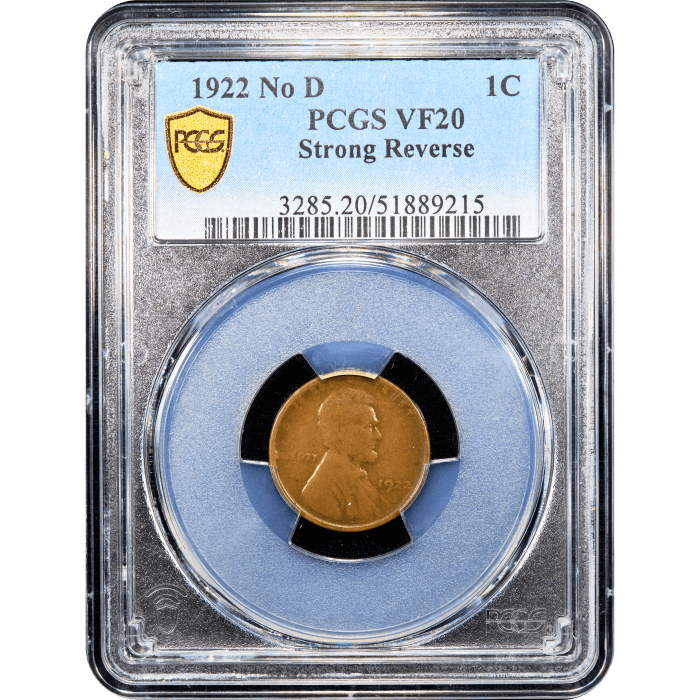 1922 No D Strong Reverse Lincoln Cent (1c) SLAB Image