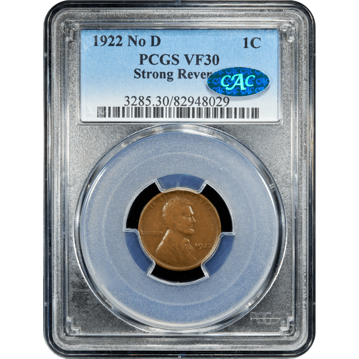 1922 No D Strong Reverse Lincoln Cent (1c) Obverse Slab Image