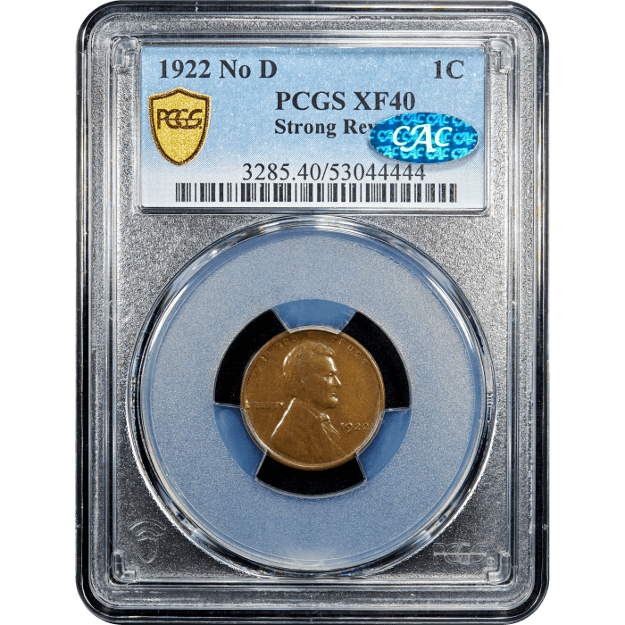 1922 No D Strong Reverse Lincoln Cent (1c) Obverse Slab Image