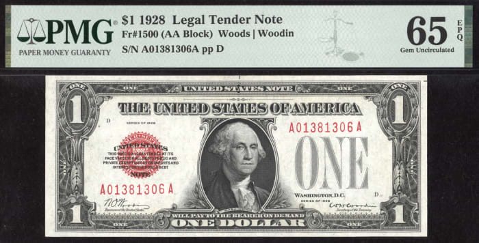 1928 $1 Red Seal Legal Tender OBVERSE Image