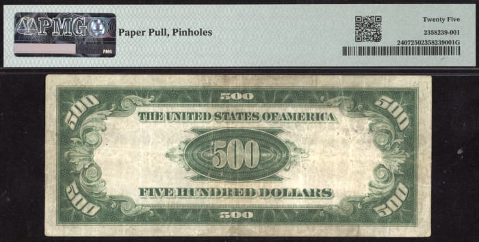 1928 $500 Gold Certificate REVERSE Image