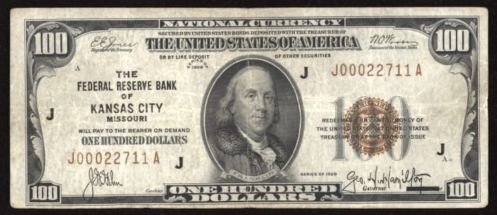 1929 $100 Federal Reserve National Bank Note (FRBN) Kansas City OBVERSE Image