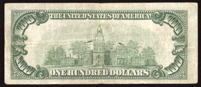 1929 $100 Federal Reserve National Bank Note (FRBN) Kansas City REVERSE Image