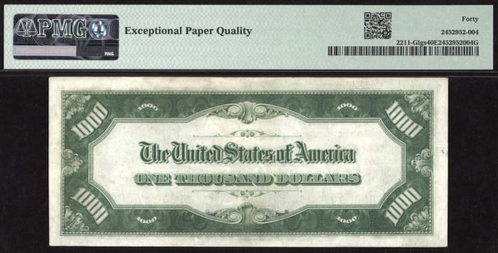 1934 $1000 Federal Reserve Note Light Green Seal REVERSE Image