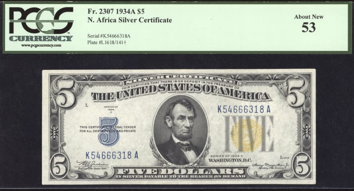 1934A $5 North Africa Silver Certificate Obverse Image