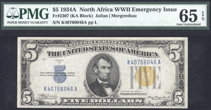 1934A $5 North Africa Silver Certificate OBVERSE Image