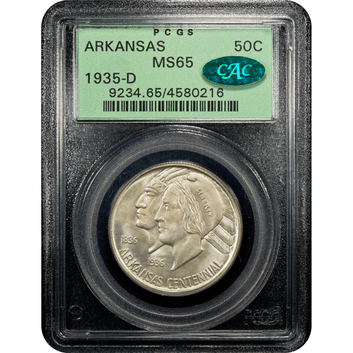 1935-D Arkansas Commemorative Half Dollar (50c) OGH Obverse Slab Image