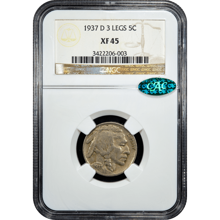 1937-D 3 Legs Buffalo Nickel (5c) Obverse Slab Image
