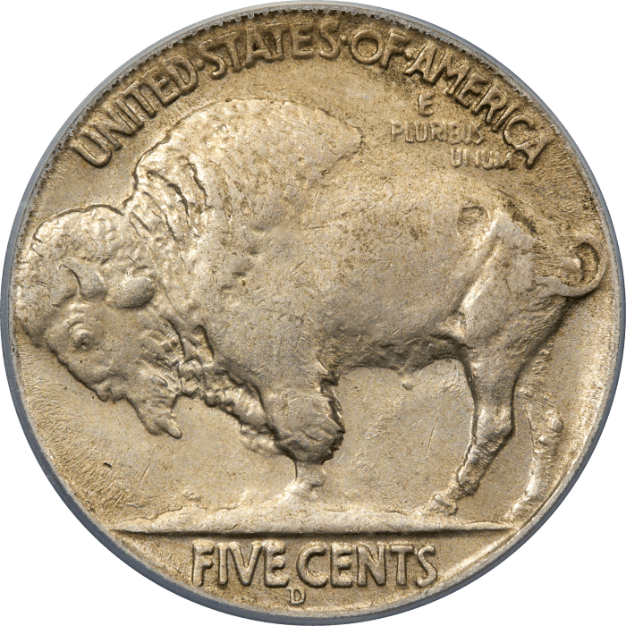 1937-D 3 Legs Buffalo Nickel (5c) Reverse Image