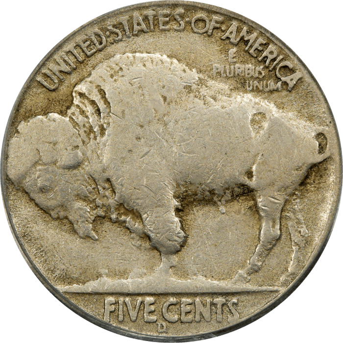 1937-D 3 Legs Buffalo Nickel (5c) Reverse Image