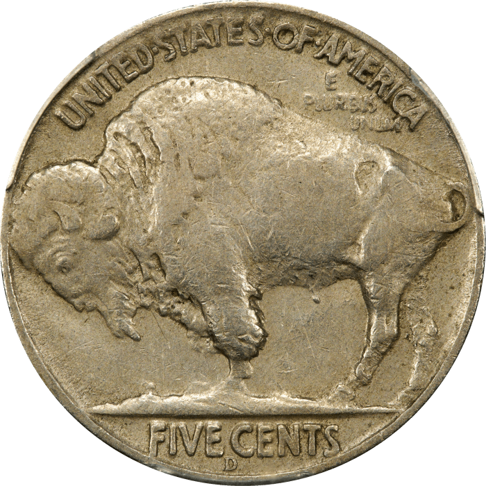 1937-D 3 Legs Buffalo Nickel (5c) REVERSE Image