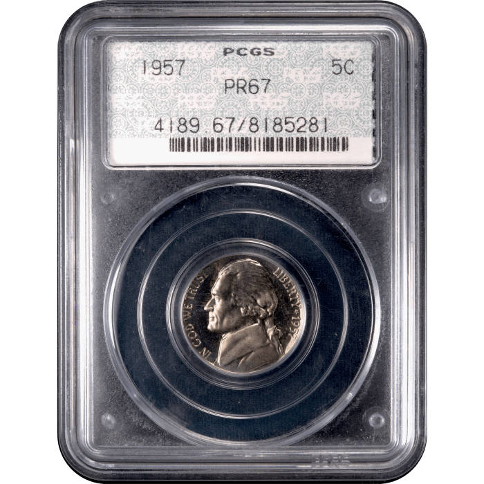 1957 Jefferson Nickel Doily Obverse Slab Image