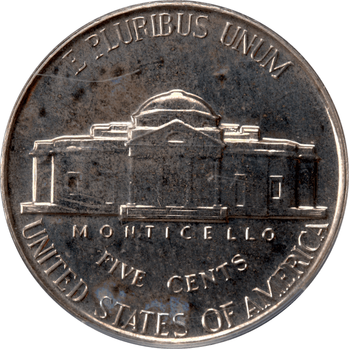 1957 Jefferson Nickel Doily Reverse Image