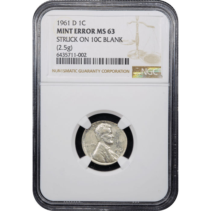 1961-D Lincoln Cent (1c) Error - Struck on Silver Dime (10c) Blank Obverse Slab Image
