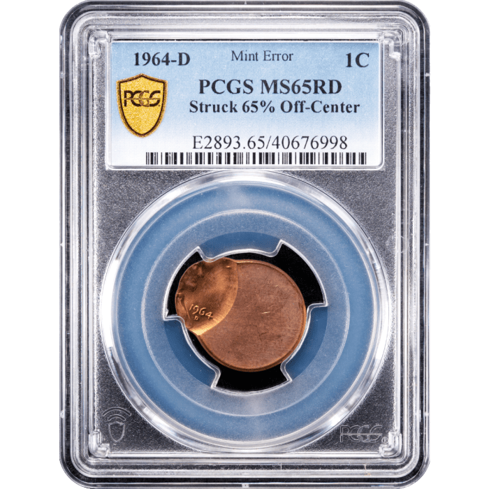 1964-D Lincoln Cent (1c) Error 65 Pct Off-Center SLAB Image