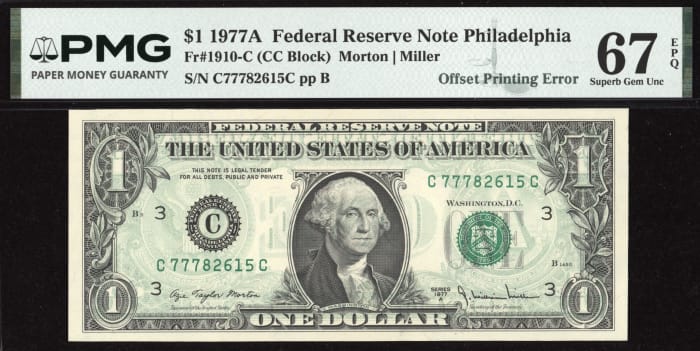 1977A $1 Reverse Offset Printing Error OBVERSE Image