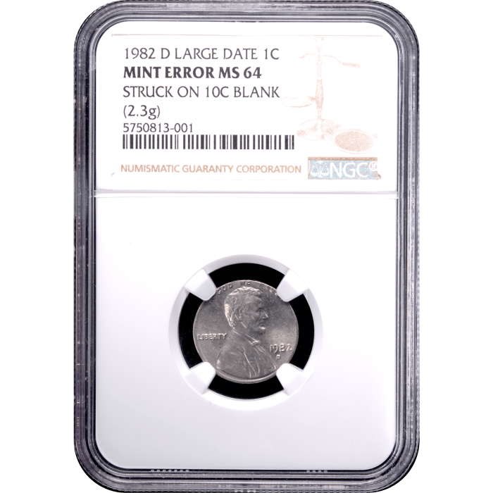 1982-D Lincoln Cent (1c) Large Date, Error - Struck on 10c Blank Obverse Slab Image