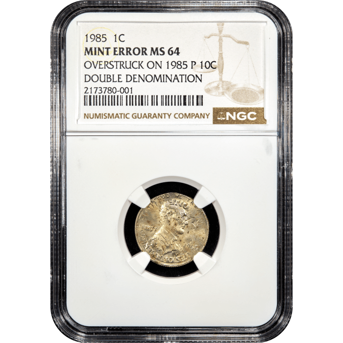 1985 Double Denom Error - Lincoln Cent (1c) Struck on Roosevelt Dime (10c) Obverse Slab Image