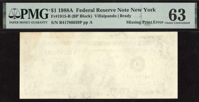 1988A $1 First Print Reverse Missing Error FRN OBVERSE Image