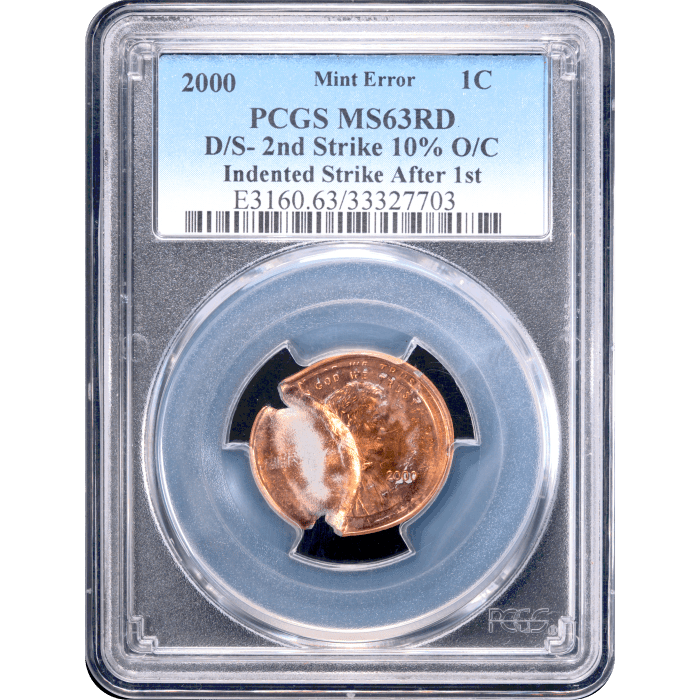 2000 Lincoln Cent (1c) Error - Double Struck 10 Percent Off-Center Obverse Slab Image