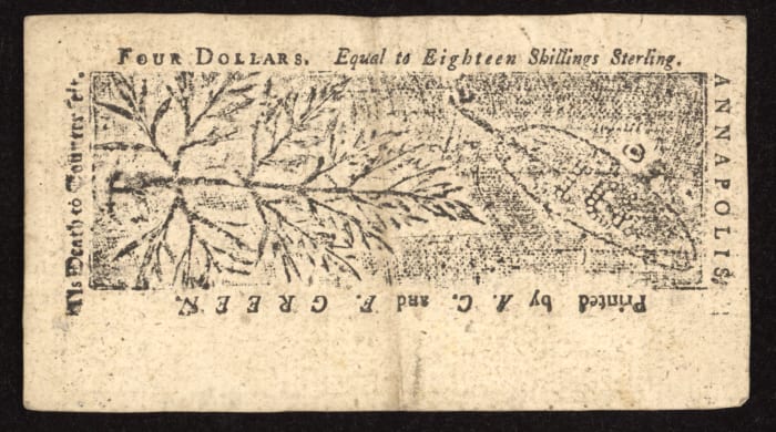 April 10, 1774 $4 Maryland Colonial REVERSE Image