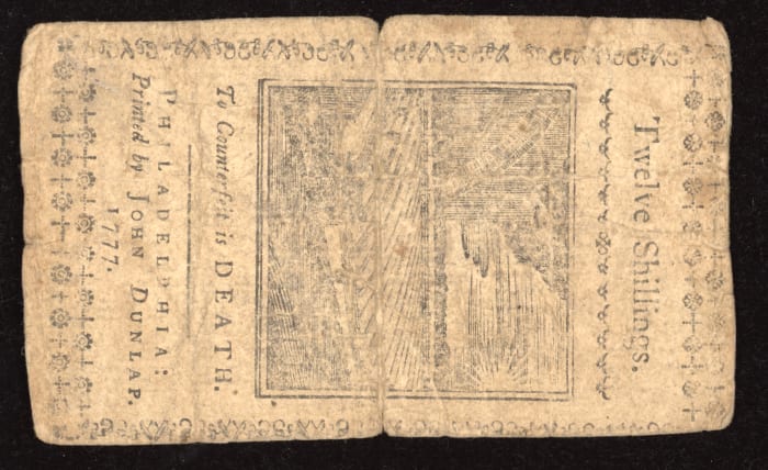 April 10, 1777 Pennsylvania Colonial Twelve Shillings (12s) REVERSE Image