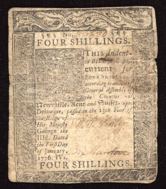 January 1, 1776 Delaware Colonial Four Shillings (4s) OBVERSE Image