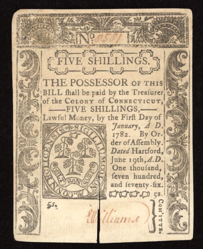 June 19, 1776 Connecticut Colonial Five Shillings (5s) OBVERSE Image