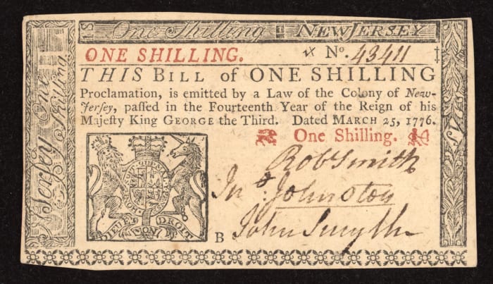 March 25, 1776 1s New Jersey Colonial OBVERSE Image