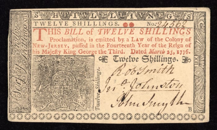March 25, 1776 New Jersey Colonial Twelve Shillings (12s) OBVERSE Image