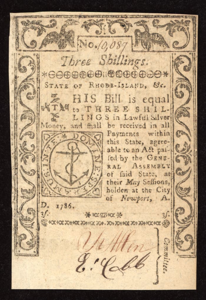 May 1786 Rhode Island Colonial Three Shillings (3s) OBVERSE Image