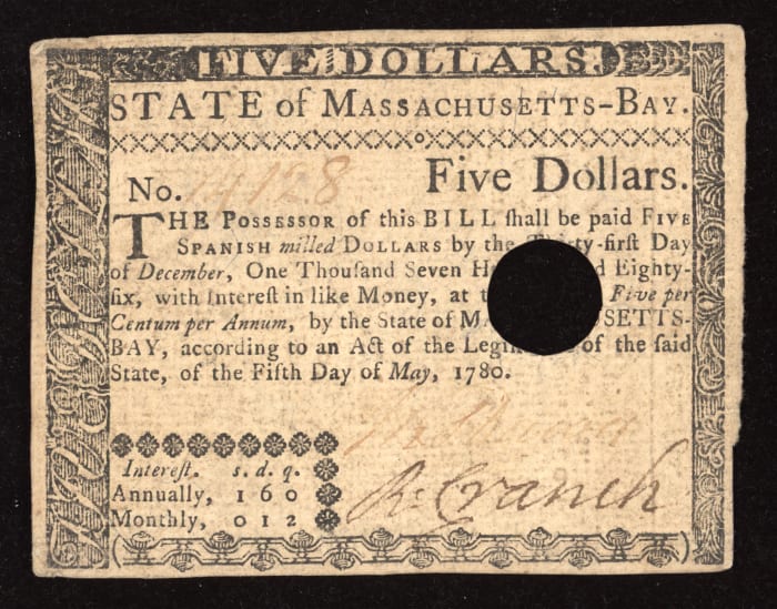 May 5, 1780 Massachusetts Colonial Five Dollars ($5) OBVERSE Image