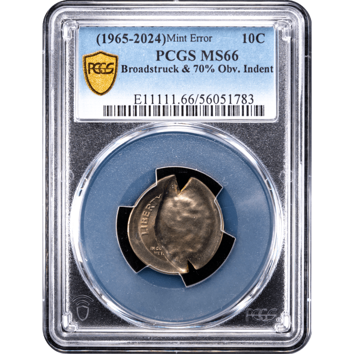 ND Roosevelt Dime (10c) Error - Broadstruck and 70 Pct Obv Indent SLAB Image