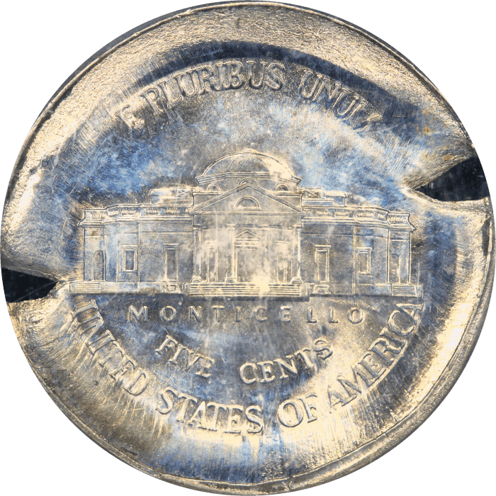 No Date Jefferson Nickel (5c) Error - Huge Broadstrike and Uniface OBVERSE Image