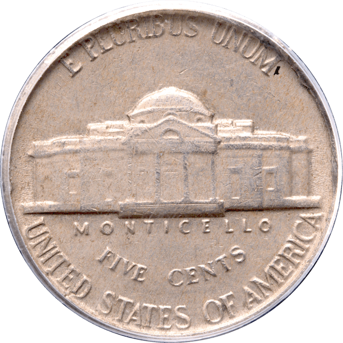 No Date Jefferson Nickel (5c) Error - Struck on Spilt Planchet Reverse Image