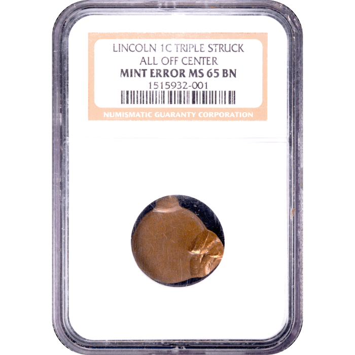 No Date Lincoln Cent (1c) Error - Triple Struck Off-Center Obverse Slab Image